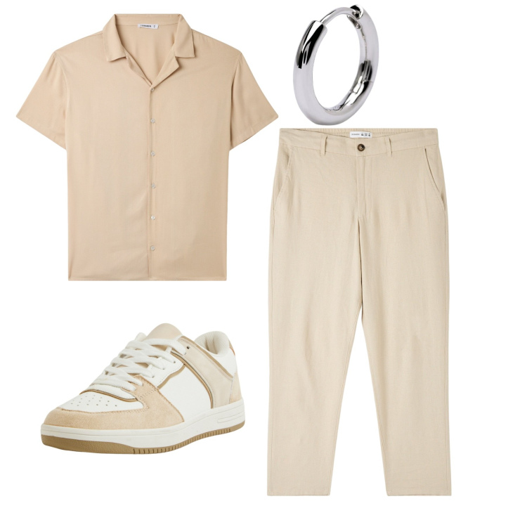 Outfit uomo - Tutto beige. Stile Casual per Tutti i giorni. Abbinamento con pantaloni, camicie a manica corta, sneakers, orecchini.