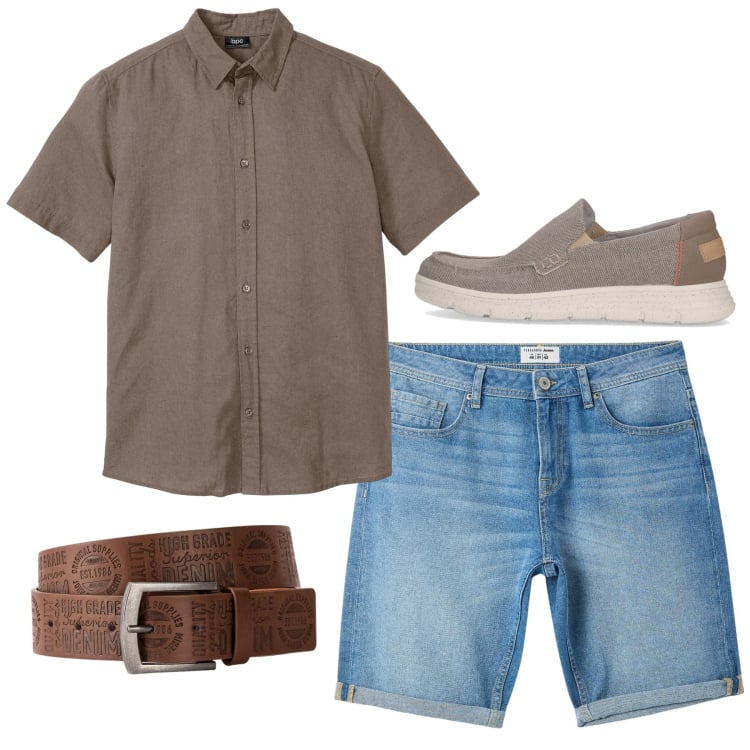 Outfit uomo - Weekend. Stile Casual per Tutti i giorni. Abbinamento con camicie a manica corta, cinture, bermuda, sneakers.