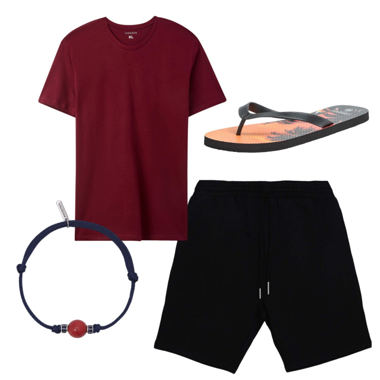 Outfit uomo - In vacanza. Stile Casual per Tutti i giorni. Abbinamento con sandali, t-shirt, pantaloni corti, braccialetti.
