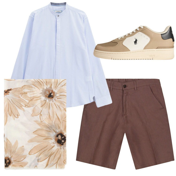 Outfit uomo - Coreana e bermuda. Stile Casual per Tutti i giorni. Abbinamento con camicie, sciarpe e foulard, sneakers, bermuda.