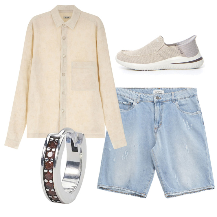 Outfit uomo - In vacanza. Stile Casual per Tutti i giorni. Abbinamento con orecchini, camicie, bermuda, sneakers.