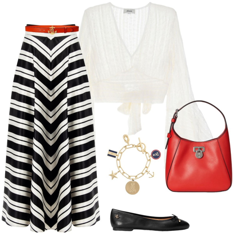 Outfit donna - Shopping. Stile Bon Ton per Tutti i giorni. Abbinamento con gonne, top, ballerine, borse a tracolla, braccialetti con ciondoli, cinture.