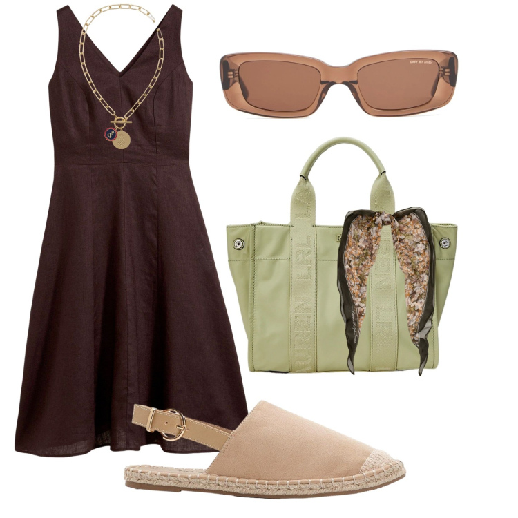 Outfit donna - Estate tutti i giorni. per Tutti i giorni. Abbinamento con vestiti midi/longuette, espadrillas, ciondoli, foulard, borse tote, occhiali da sole.