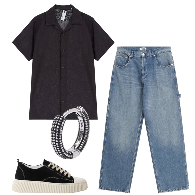 Outfit uomo - Di sera al pub. Stile Casual per Serata speciale. Abbinamento con orecchini, sneakers, jeans, camicie a manica corta.