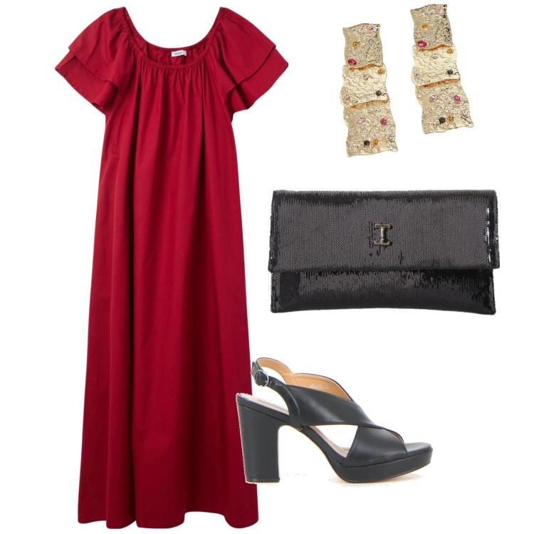 Outfit donna - L\'abito lungo. per Serata fuori. Abbinamento con vestiti lunghi, borse a tracolla, orecchini, sandali col tacco.