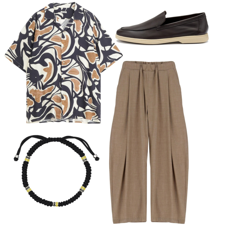 Outfit uomo - Trendy boy. Stile Trendy per Tutti i giorni. Abbinamento con braccialetti, pantaloni, camicie a manica corta, scarpe stringate.