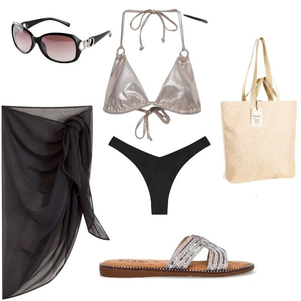Outfit donna - Total look #2201790. Stile Casual chic per Mare. Abbinamento con occhiali da sole, vestiti da spiaggia, bikini, bikini, borse tote, ciabatte.