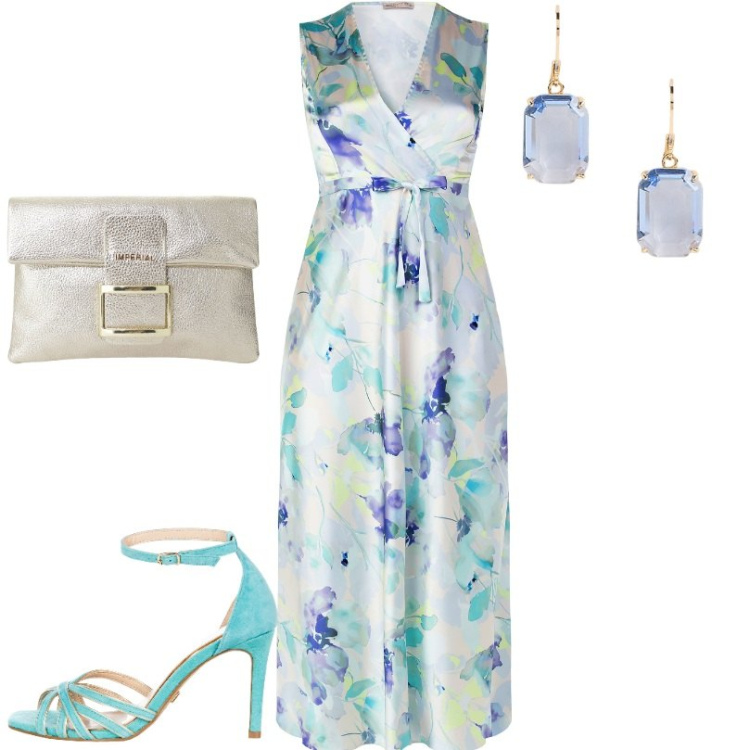 Outfit donna - Total look #2201792. Stile Chic per Cerimonia. Abbinamento con pochette, vestiti lunghi, sandali col tacco, orecchini.