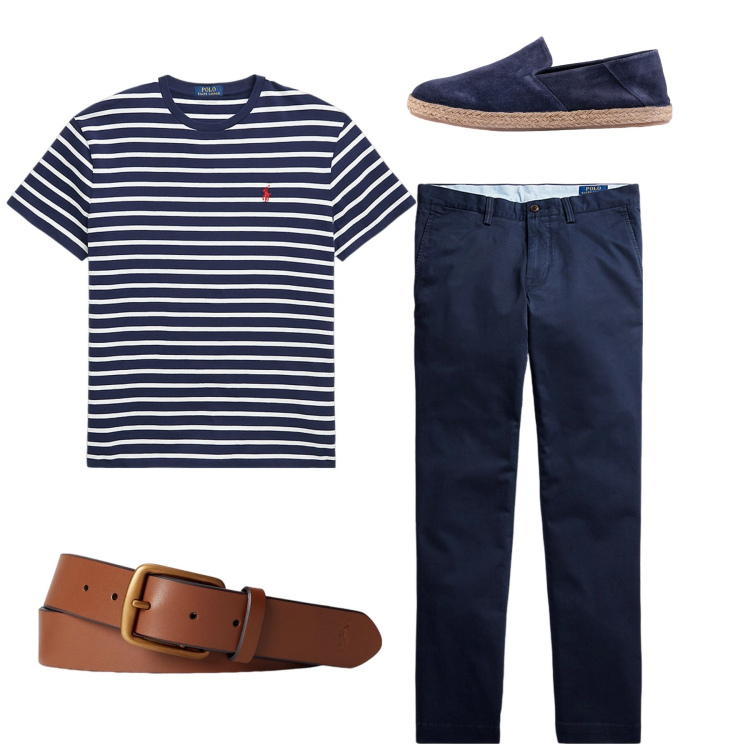 Outfit uomo - Pomeriggio. Stile Casual per Tutti i giorni. Abbinamento con pantaloni, cinture, t-shirt, espadrillas.