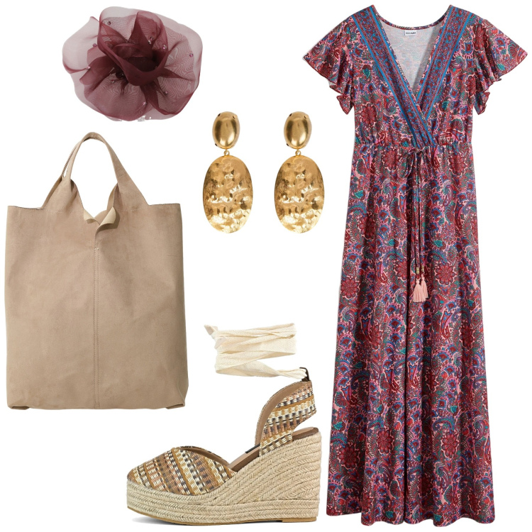Outfit donna - Vintage sale. Stile Etnico per Mare. Abbinamento con vestiti lunghi, foulard, shopping bag, zeppe, orecchini.