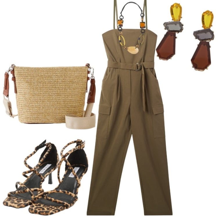 Outfit donna - Tuta design elegante e pratico. Stile Military per Tutti i giorni. Abbinamento con borse a tracolla, tute, sandali col tacco, orecchini, collane.