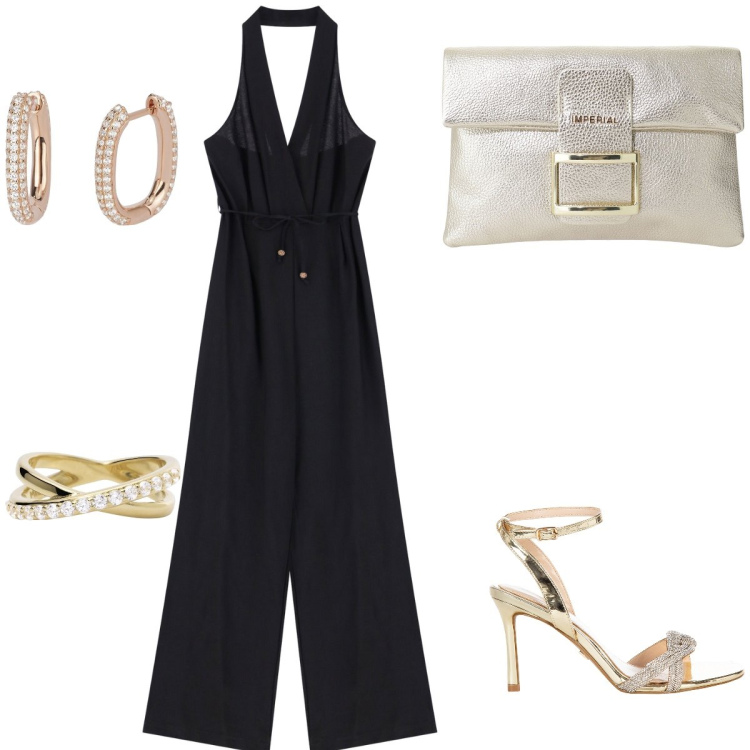 Outfit donna - Total look #2201812. Stile Chic per Serata fuori. Abbinamento con orecchini, anelli, sandali col tacco, pochette, tute.
