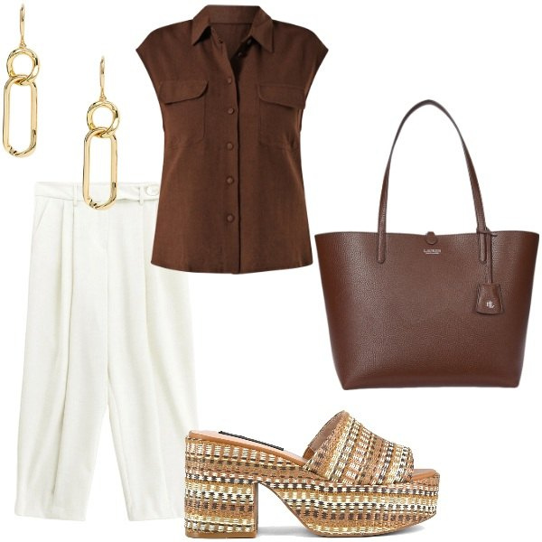 Outfit donna - Serata tra amici. Stile Casual chic per Serata fuori. Abbinamento con camicie, pantaloni, borse tote, orecchini, zeppe.
