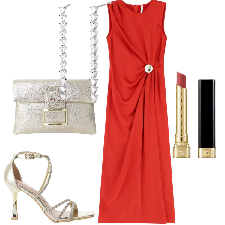 Outfit donna - Serata in rosso. Stile Glamour per Serata fuori. Abbinamento con rossetti, orecchini, vestiti lunghi, sandali col tacco, pochette.