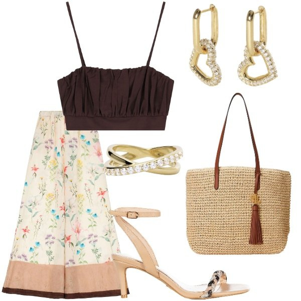 Outfit donna - A cena fuori. Stile Glamour per Serata fuori. Abbinamento con orecchini, anelli, sandali in pelle, top, pantaloni, borse tote.