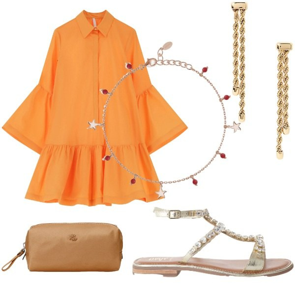 Outfit donna - Serata tra amici. Stile Casual chic per Serata fuori. Abbinamento con braccialetti con ciondoli, vestiti chemisier, sandali, orecchini, pochette.