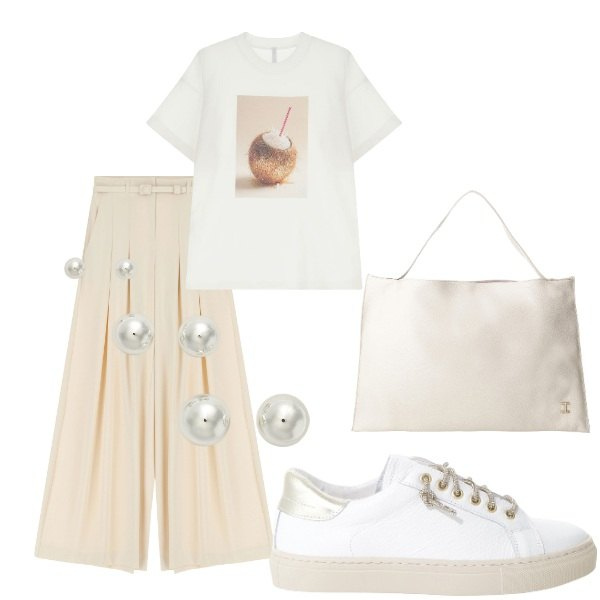 Outfit donna - A pranzo fuori...... Stile Casual chic per Tutti i giorni. Abbinamento con sneakers, pantaloni, borse a spalla, t-shirt, orecchini.