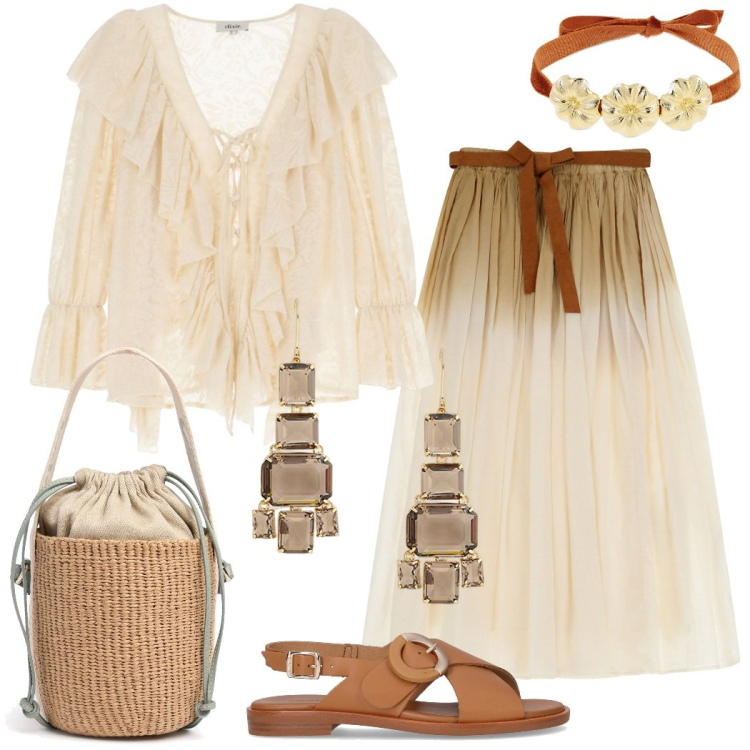 Outfit donna - Boho chic. Stile Boho per Cerimonia. Abbinamento con gonne lunghe, camicie, orecchini, borse a secchiello, collane, sandali.