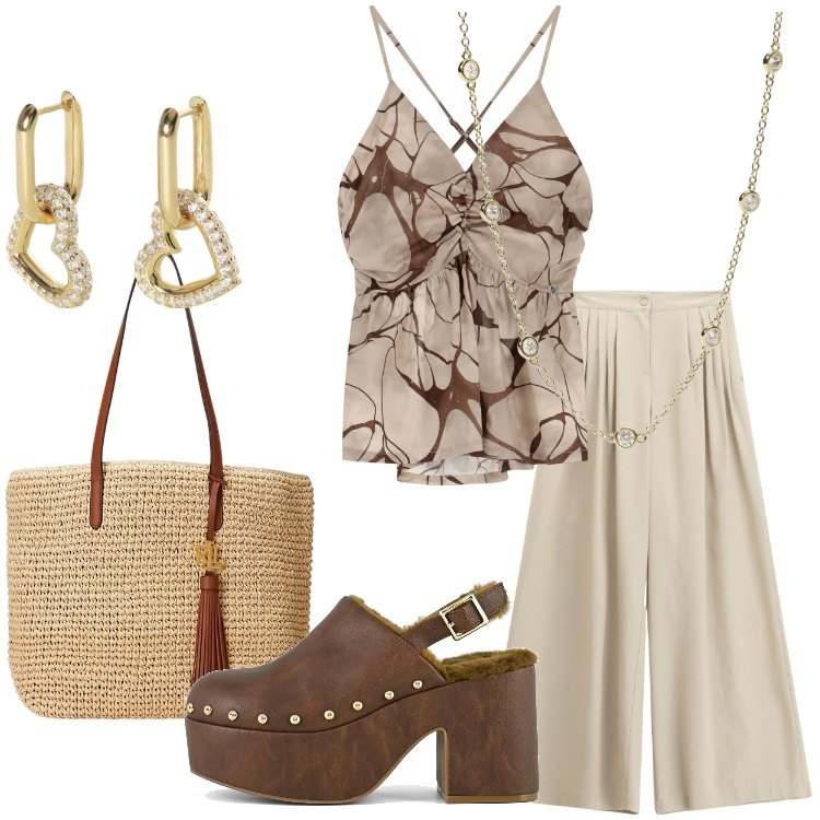 Outfit donna - Please - Summer Sale SS25. Stile Boho per Tutti i giorni. Abbinamento con orecchini, collane, pantaloni a palazzo, canottiere, borse tote, sabot.