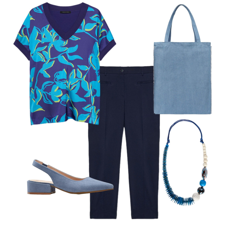 Outfit donna - Fiorella Rubino 2. Stile Casual per Tutti i giorni. Abbinamento con décolleté, borse tote, bluse, pantaloni, collane.