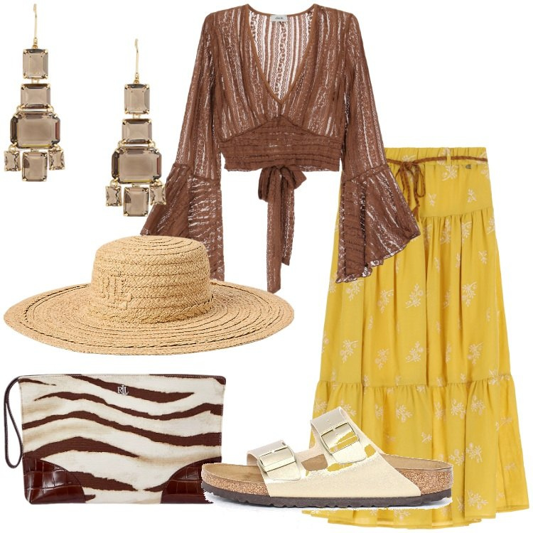 Outfit donna - Dixie - Summer Sale SS25. Stile Boho per Mare. Abbinamento con gonne lunghe, top, pochette, cappelli, orecchini, ciabatte.