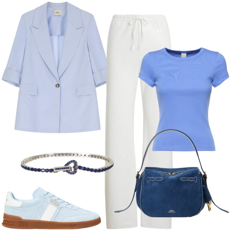 Outfit donna - Luglio in ufficio. Stile Casual chic per Ufficio. Abbinamento con braccialetti, blazer, borse a mano, sneakers, pantaloni, t-shirt.