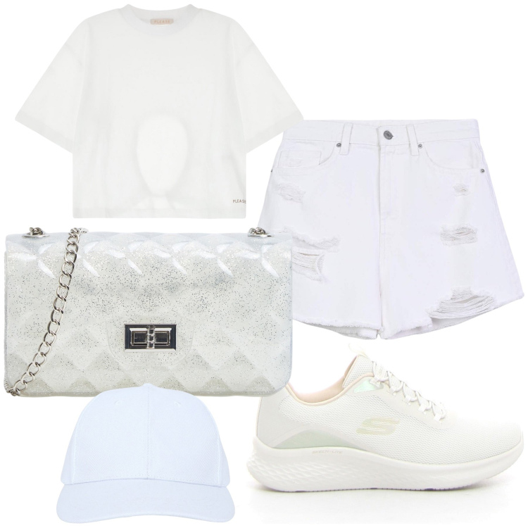 Outfit donna - White summer. Stile Casual chic per Tutti i giorni. Abbinamento con borse a tracolla, cappelli con visiera, shorts, t-shirt, sneakers.