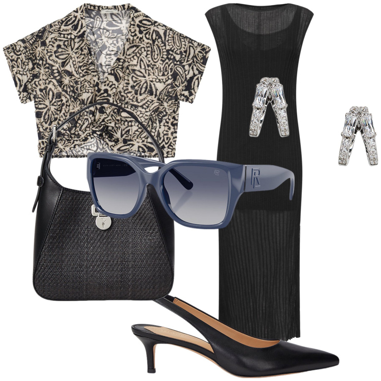 Outfit donna - Il ristorante direttamente dall ufficio. Stile Chic per Ufficio. Abbinamento con top, orecchini, occhiali da sole, décolleté, borse a tracolla, vestiti lunghi.