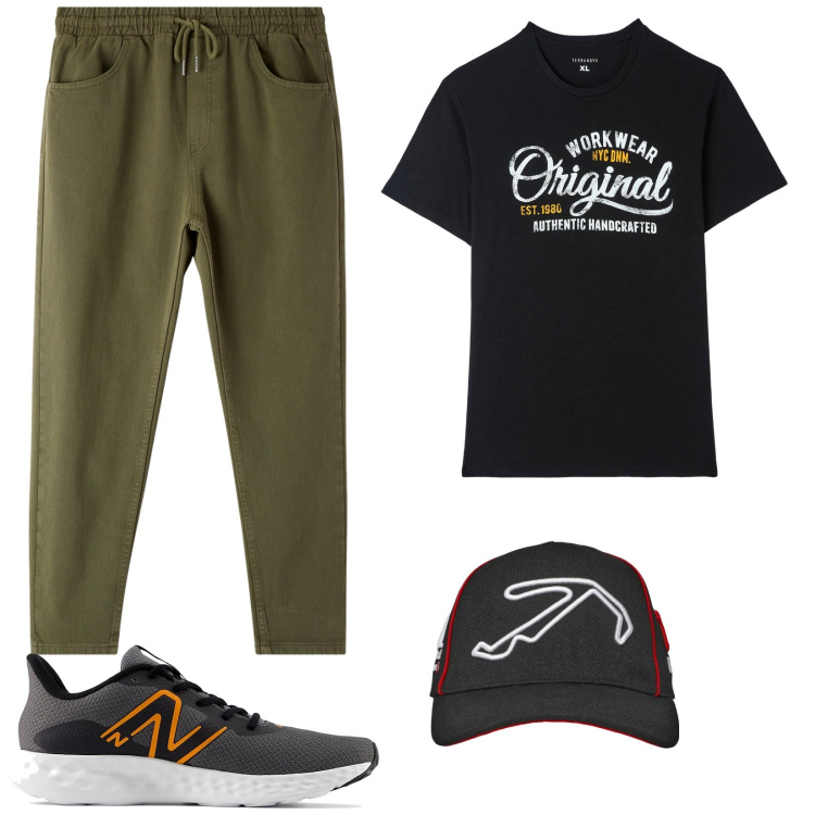 Outfit uomo - Pantaloni coulisse. Stile Urban per Tutti i giorni. Abbinamento con t-shirt, pantaloni, cappelli, sneakers.