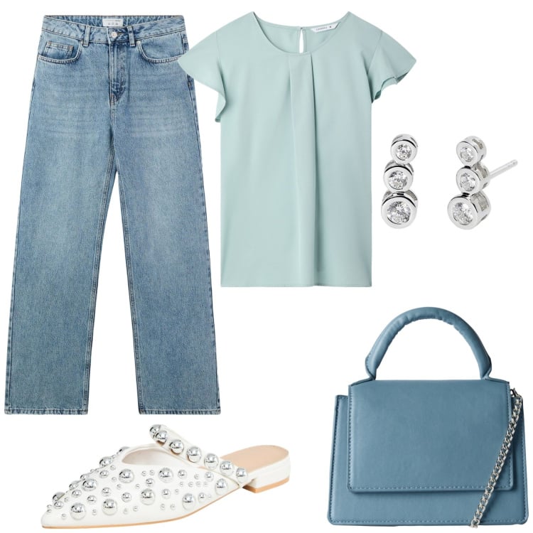 Outfit donna - Terranova Summer sales. Stile Casual per Ufficio. Abbinamento con jeans, borse a tracolla, ballerine, bluse, orecchini.