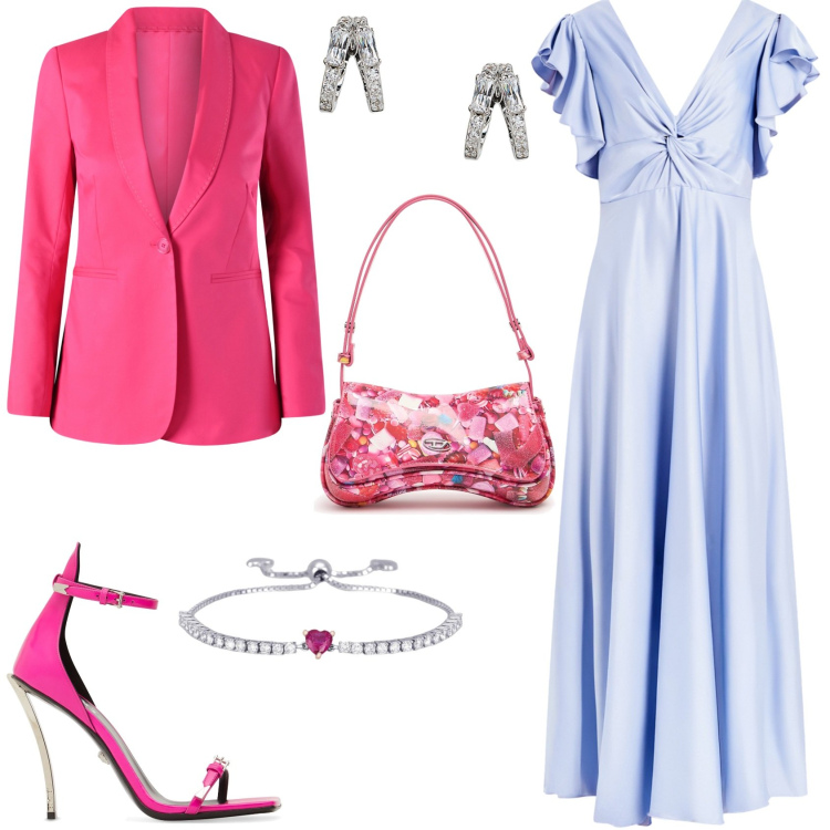Outfit donna - Total look #2201871. Stile Chic per Cerimonia. Abbinamento con vestiti lunghi, blazer, braccialetti, orecchini, sandali in pelle, borse a spalla.