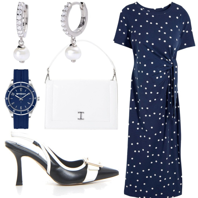 Outfit donna - Total look #2201873. Stile Casual chic per Tutti i giorni. Abbinamento con vestiti lunghi, orecchini, orologi, borse a tracolla, décolleté.