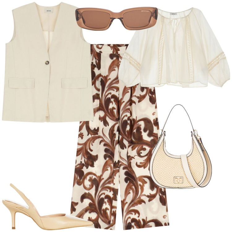 Outfit donna - Total look #2201876. Stile Chic per Tutti i giorni. Abbinamento con borse a mano, décolleté, pantaloni, camicie, gilet, occhiali da sole.