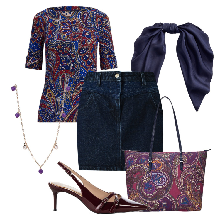 Outfit donna - Abbinamenti inaspettati. Stile Casual chic per Serata fuori. Abbinamento con collane, minigonne, décolleté, borse tote, foulard, t-shirt.