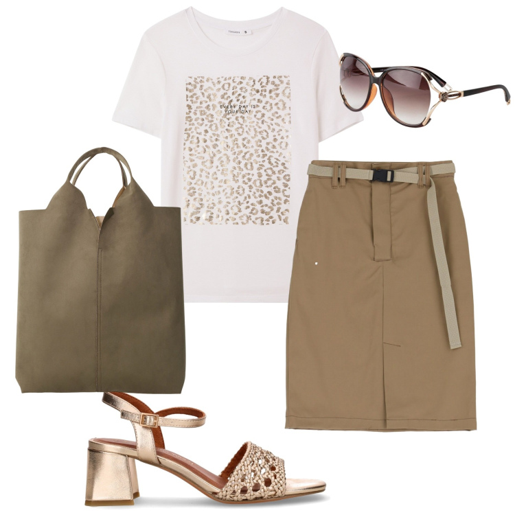 Outfit donna - In ufficio. Stile Casual chic per Ufficio. Abbinamento con occhiali da sole, t-shirt, gonne, shopping bag, sandali col tacco.