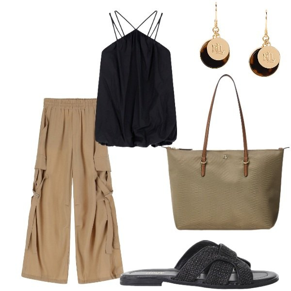 Outfit donna - Serata tra amici. Stile Casual chic per Serata fuori. Abbinamento con vestiti corti, pantaloni cargo, sandali, borse tote, orecchini.
