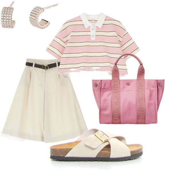 Outfit donna - Outifit di luglio. Stile Casual chic per Tutti i giorni. Abbinamento con orecchini, pantaloni corti, t-shirt, borse tote, ciabatte.