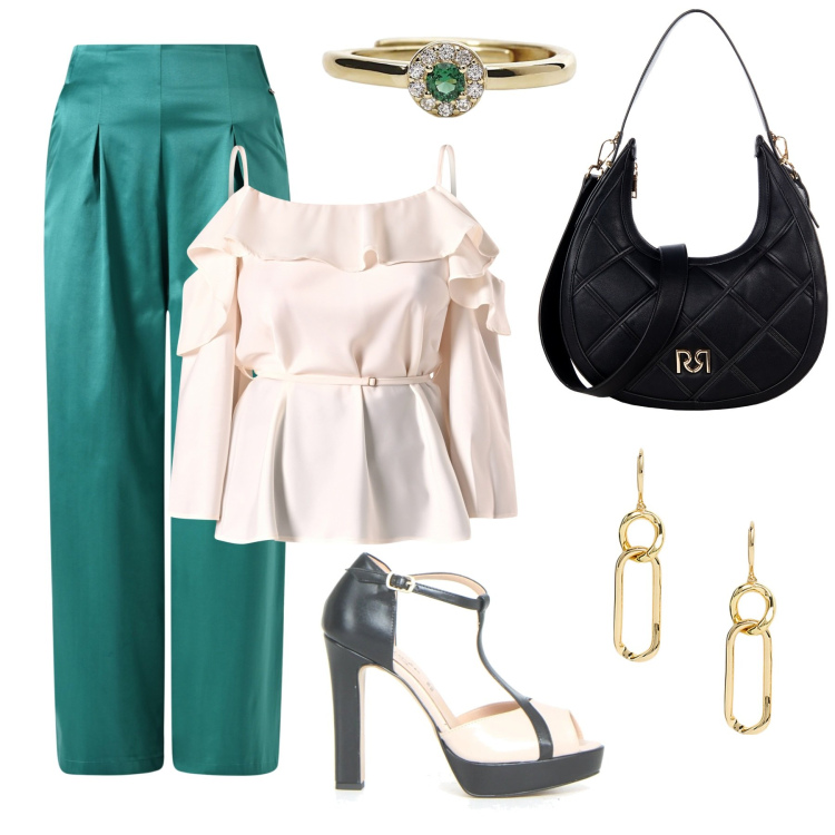 Outfit donna - Rinascimento serale. Stile Casual chic per Serata fuori. Abbinamento con anelli, borse a tracolla, bluse, pantaloni, orecchini, sandali col tacco.