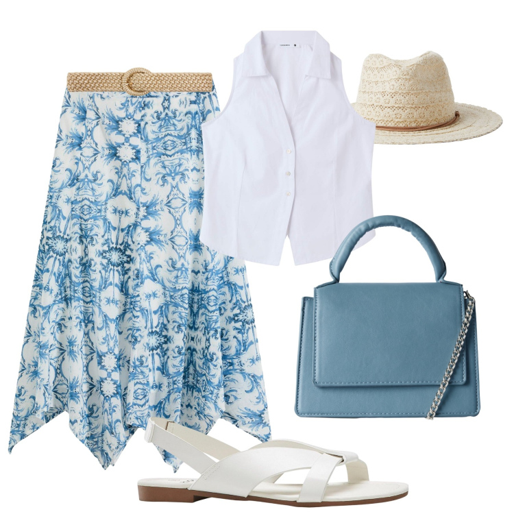 Outfit donna - Una gonna svolazzante. Stile Urban per Tutti i giorni. Abbinamento con gonne, sandali, camicie, borse a tracolla, cappelli, cinture.
