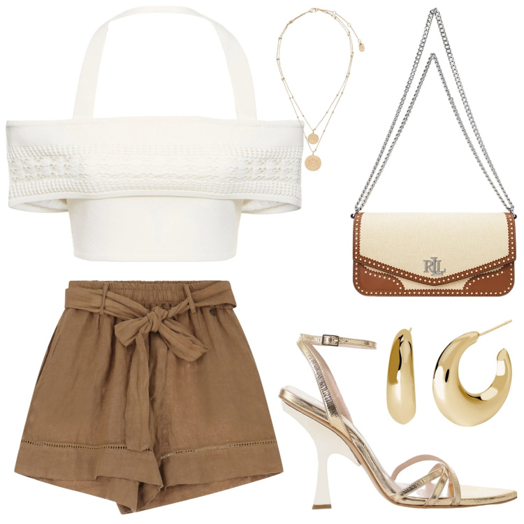 Outfit donna - Vacanza al mare elegante. Stile Casual chic per Mare. Abbinamento con orecchini, sandali col tacco, shorts, ciondoli, borse a spalla, top.