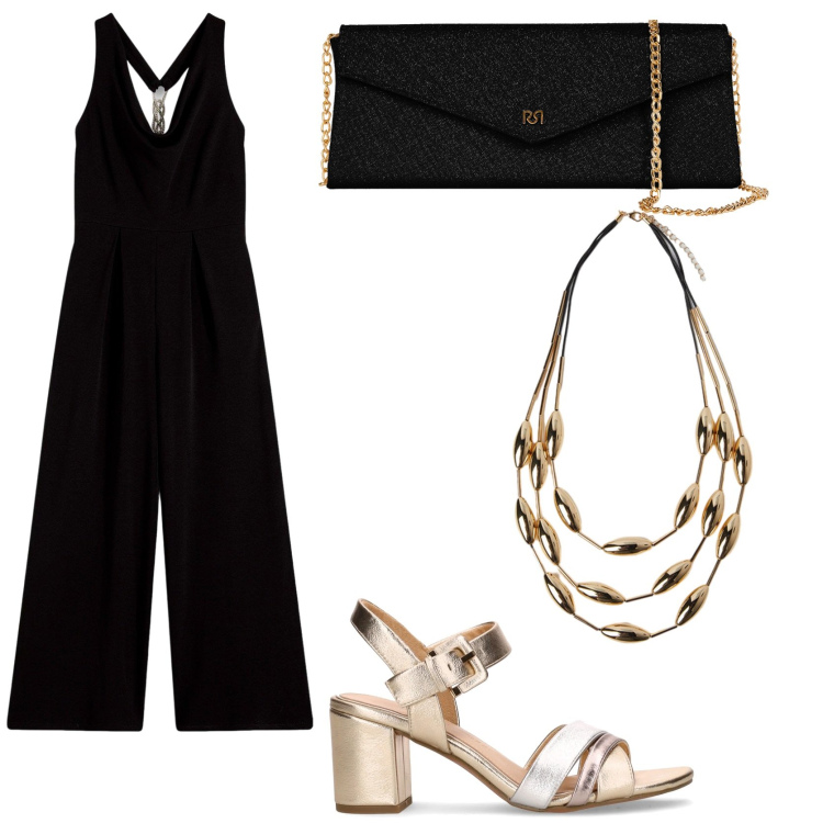 Outfit donna - Jumpsuit da mattina a sera. Stile Chic per Tutti i giorni. Abbinamento con tute, pochette, collane, sandali col tacco.