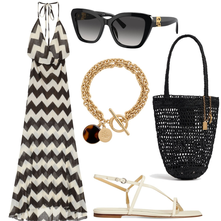Outfit donna - Total look #2201902. Stile Etnico per Tutti i giorni. Abbinamento con vestiti lunghi, occhiali da sole, braccialetti con ciondoli, sandali in pelle, borse a spalla.