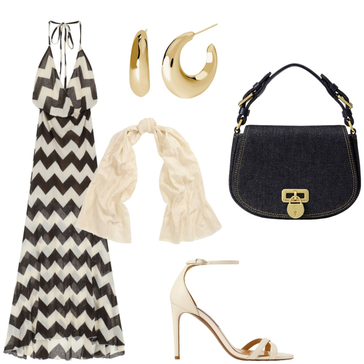 Outfit donna - Dixie la sera in estate. Stile Casual chic per Serata fuori. Abbinamento con vestiti lunghi, orecchini, sandali col tacco, borse a tracolla, sciarpe.