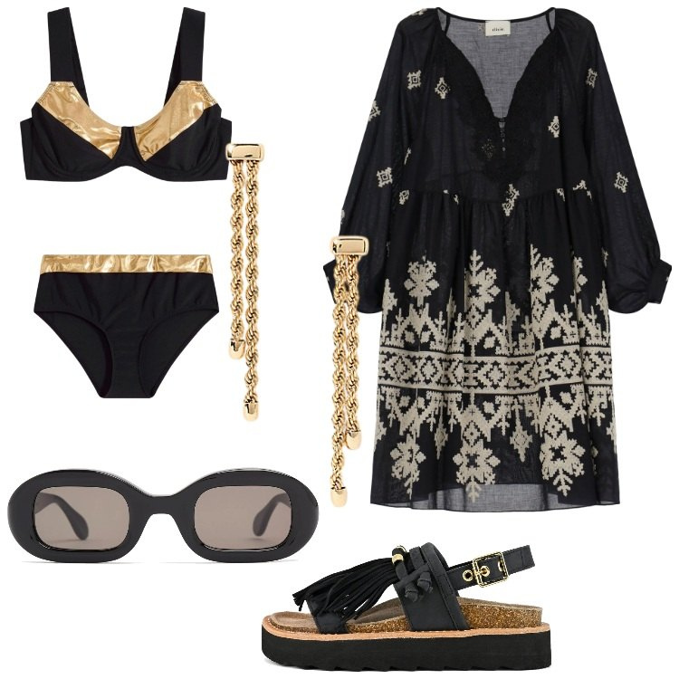 Outfit donna - Etno-chic al mare. Stile Etnico per Mare. Abbinamento con bikini, orecchini, vestiti, sandali, occhiali da sole.