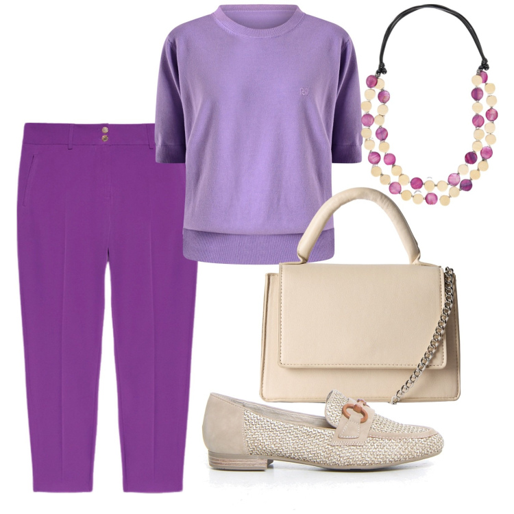 Outfit donna - Bon ton in viola. Stile Bon Ton per Tutti i giorni. Abbinamento con borse a tracolla, maglieria, collane, mocassini, pantaloni chino.