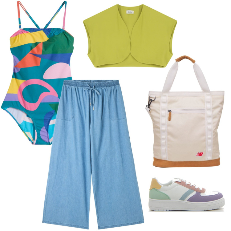 Outfit donna - Street. Stile Urban per Mare. Abbinamento con costumi interi, pantaloni a palazzo, shopping bag, gilet, sneakers.