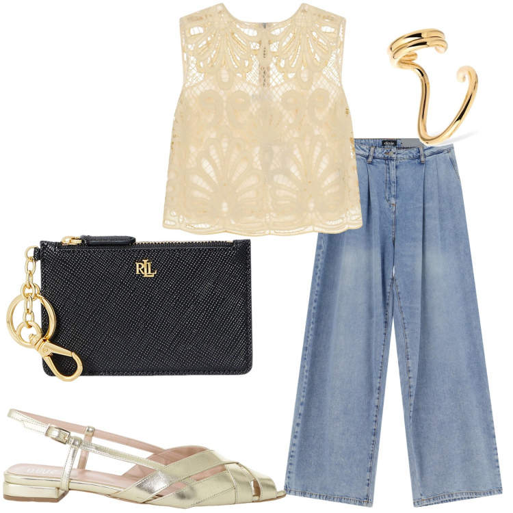 Outfit donna - Sale Dixie. Stile Casual chic per Serata fuori. Abbinamento con top, sandali, jeans, portafogli, orecchini.