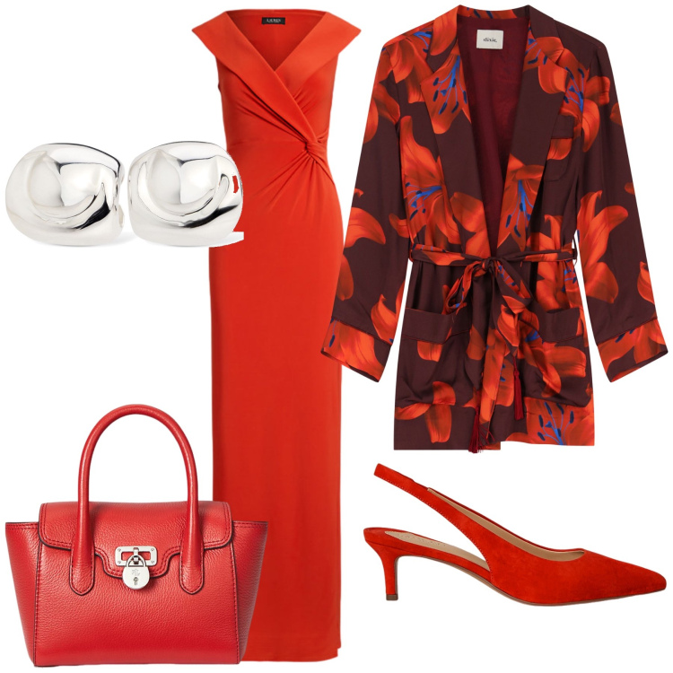Outfit donna - Tubino rosso. Stile Glamour per Serata fuori. Abbinamento con blazer, décolleté, borse a mano, vestiti lunghi, orecchini.