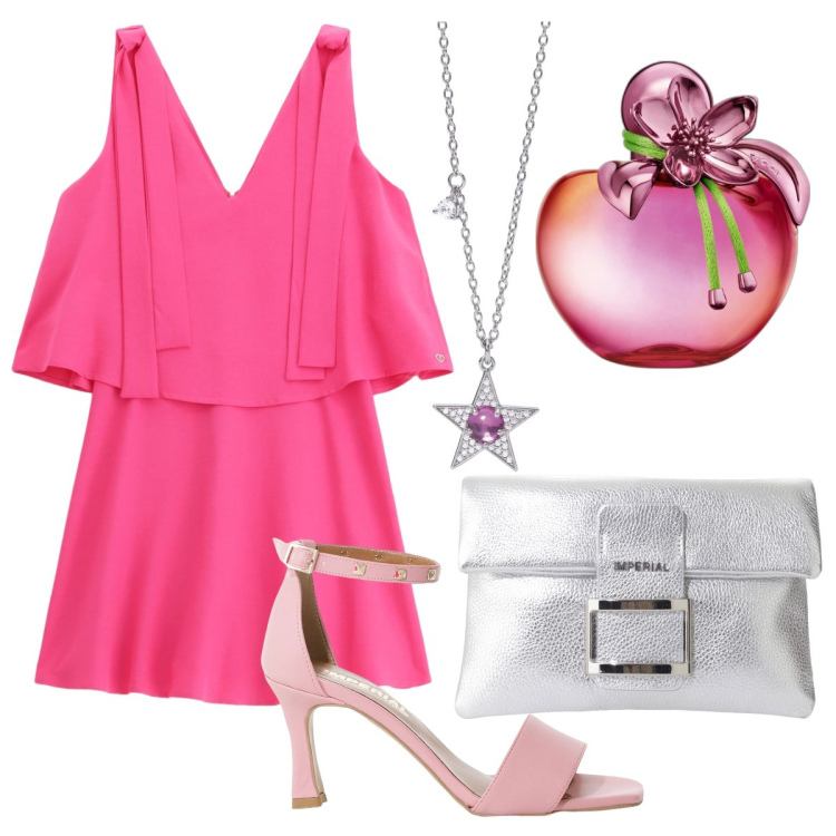 Outfit donna - Fucsia per stupire. Stile Chic per Serata fuori. Abbinamento con profumi, collane, vestiti corti, sandali col tacco, pochette.