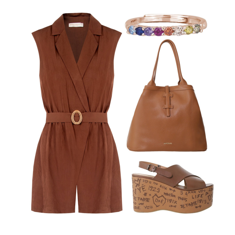 Outfit donna - Jumpsuit a Luglio 2!. Stile Minimal per Tutti i giorni. Abbinamento con tuta corta, anelli, borse tote, zeppe.